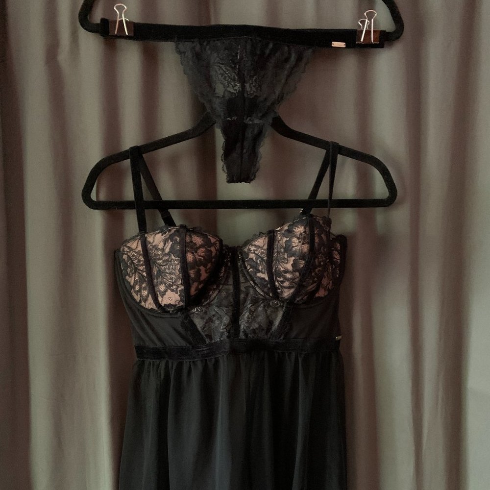Bijou Fantazia Sheer Lace + Velvet Babydoll Chemise & G-String Lingerie Set